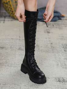 女士黑色高筒靴，厚底增高，系带机车风，秋冬增高神器，休闲日常穿搭，百搭拉链设计及膝靴 - 黑色 - 查看 3