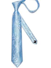 Silk Floral Necktie Set With Tie Clip, Handkerchief & Cufflinks - Light Blue Paisley - View 3