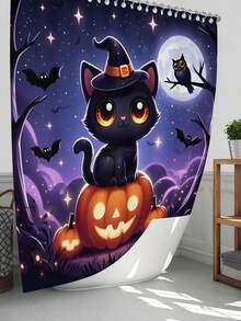 1pc/4pcs Halloween Pumpkin Lantern, Witch, Cat, Bat Pattern Polyester Waterproof Bathroom Shower Curtain With 12 Hooks, Bathroom Mat, U-Shaped Mat, Round Toilet Lid Cover, Bathroom Set For All Occasions Bathroom Decor - Multicolor - View 3