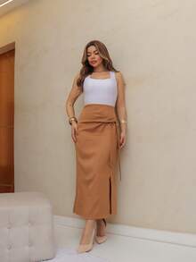 Frenchy Women's Casual Solid Color Drawstring Wrap Skirt, Spring/Summer/M5509 - Maroon - View 3