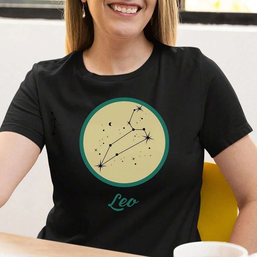 Leo Retro Black Tee Zodiac Sign Soft Cotton Gift Shirtsuitable For Summer Wear, Paired With Printed Shirts, Ladies' Tops, And Printed Short-Sleeve Shirts. Women's Clothing - Black - View 1