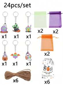 48 Stück/24 Stück Halloween Schlüsselanhänger Geschenkset, enthält 6 Stück Halloween Schlüsselanhänger, 6 Stück Dankeskarten, 6 Stück Organzabeutel und 6 Stück 40cm Leinenbeutel, mit Geist, schwarzer Katze, Fledermaus, Kürbis Mustern, geeignet für Halloween Party Gastgeschenke, Taschenanhänger, Spukhaus Dekorationen, Halloween Dekorationen