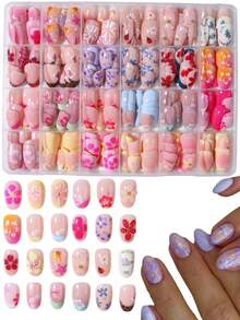 576片（24种混合款式）椭圆形紫红色花朵美甲贴纸，可爱蜜蜂甲虫美甲设计，法式亚克力按压式美甲贴片，适合短指甲，粉色法式、黄色法式、白色法式款式，包含4片果冻胶和2个指甲锉，易于粘贴，适合夏季美甲、法式美甲，适合女性和女孩日常、工作、舞会等场合。 - 彩色 - 查看 9