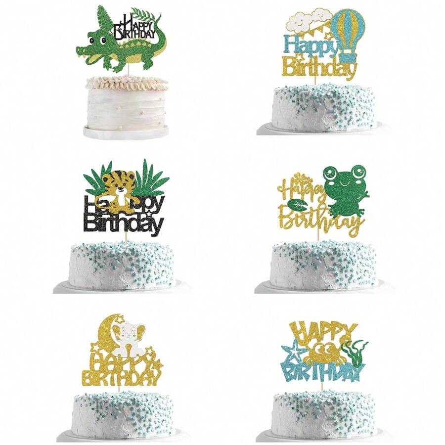 1pc Elephant Happy Birthday Cake Topper/Baby Children 1st Birthday Zoo Cake Decor/Baby Shower/Cute Elephant Wild Animal Theme Birthday Party Decorations - Gold Glitter - Multicolor - View 1