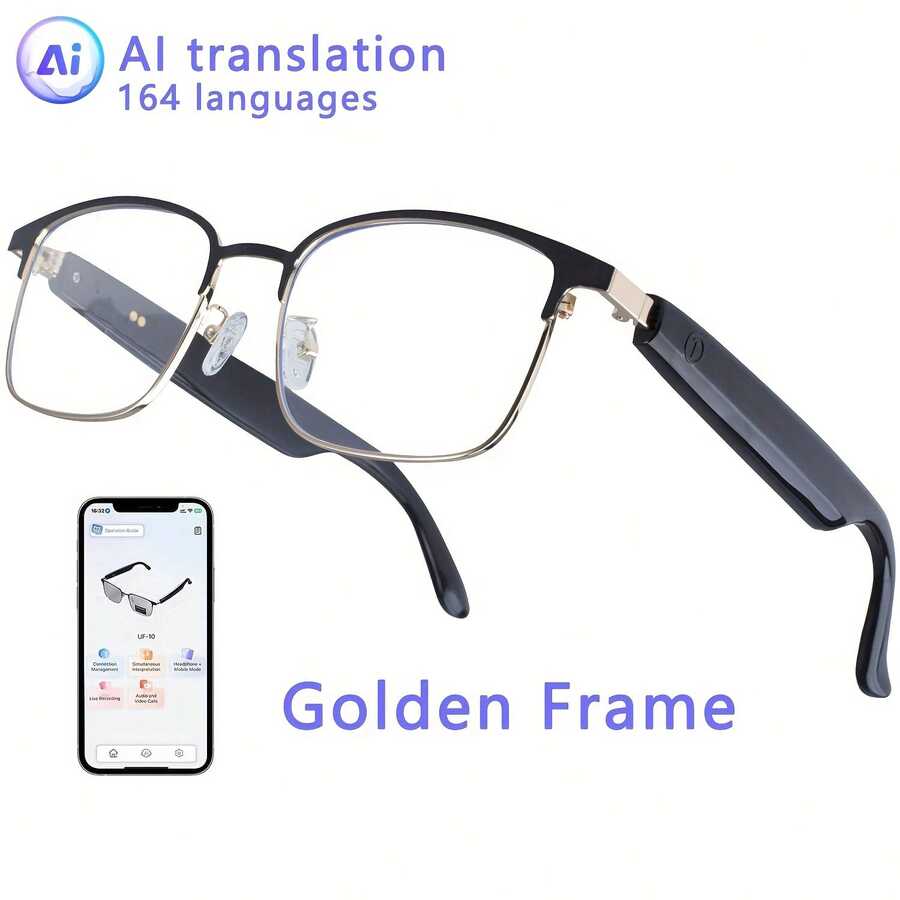 AI Smart Translation Glasses, Support Real-Time Translation In 164 Languages, Conference Recording, Face-To-Face Translation, Simultaneous Interpretation With Mobile Glasses, Voice And Video Translation, Built-In Microphone And Speaker, Multi-Function Audio Glasses, Color-Changing Lenses, Built-In Microphone And Speaker, HD Voice Calls And HIFI Music Quality, Perfect Gift - Khung vàng đen + dịch AI - Xem 1