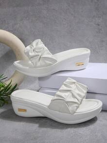 Women's Fashion Casual Wedge Slide Sandals, Comfortable Outdoor Pleated Solid Color Minimalist Elegant Summer Beach Shoes