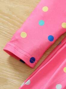 Young Girls' Cute Colorful Polka Dot & Rainbow Print Cap Sleeve Round Neck Knee-Length Casual Dress, 2025 New Arrival - Hot Pink - View 5
