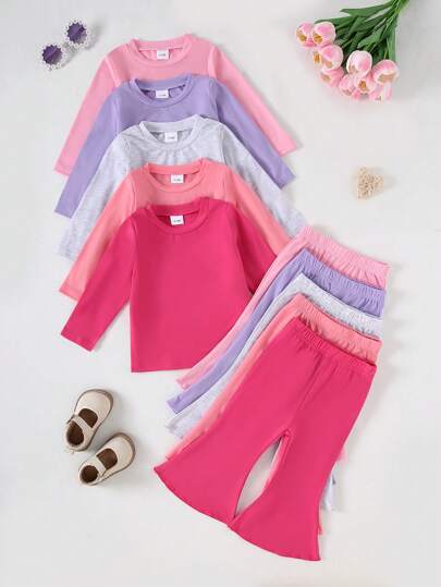 5pcs/10pcs Girls Autumn/Winter Casual Solid Color Soft Knit Fabric Long Sleeve T-Shirt And Flare Pants Set