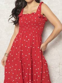 Long Dress With Elastic Straps / Crepe Polka Dot / 94% Polyester, 6% Elastane - 紅色 - 查看 5