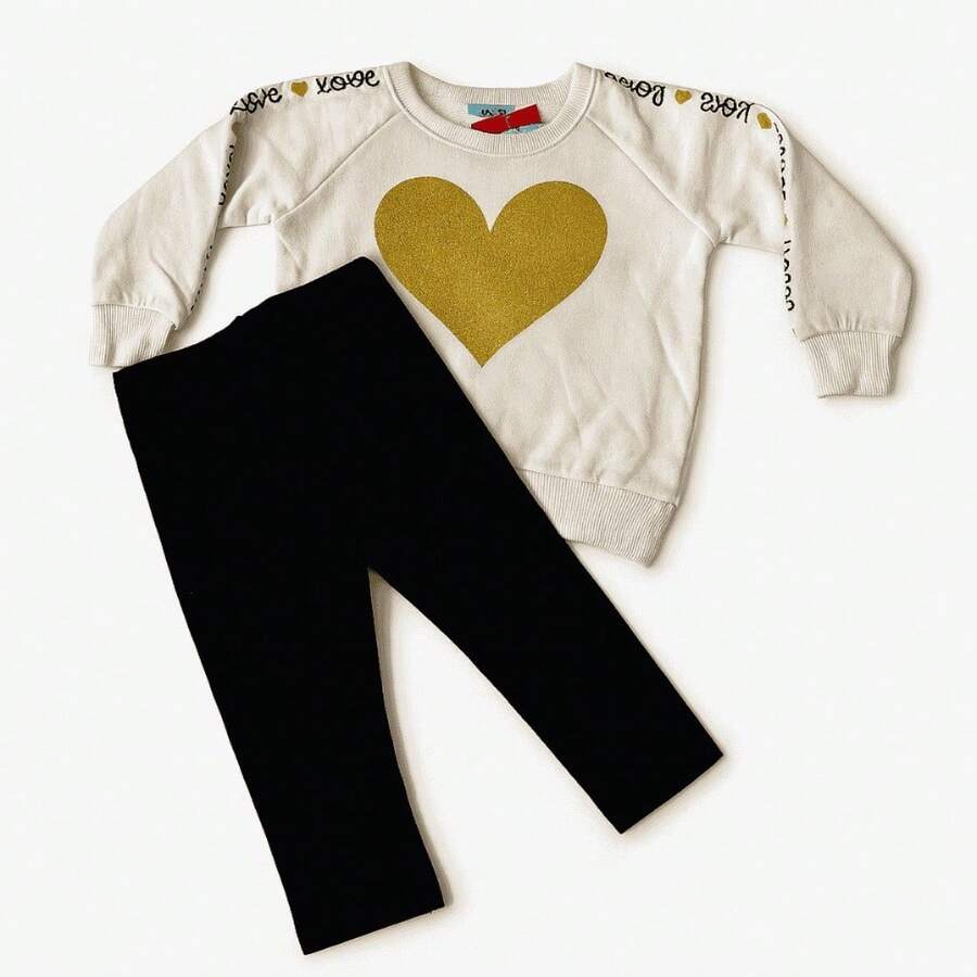 Two-Piece Set Baby Girl Winter Heart Top Flannel Leggings Pants