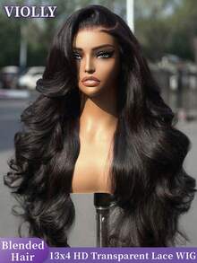 VIOLLY 13x4 大面积透明蕾丝前部手工编织真人发假发 200 密度 28 英寸长身体波浪黑色巴西真人发混合假发 - 混合真人发和合成预拔发际线和预漂白隐形结，适合女性在日常或节日场合佩戴