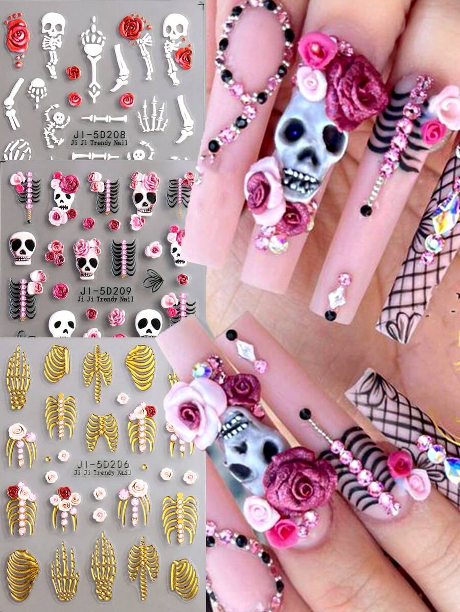 万圣节 5D 指甲贴纸浮雕骷髅贴花金色玫瑰金白色骨头骷髅图案哥特式 DIY 粘性滑块美甲装饰美甲配件节日 - 彩色 - 查看 1
