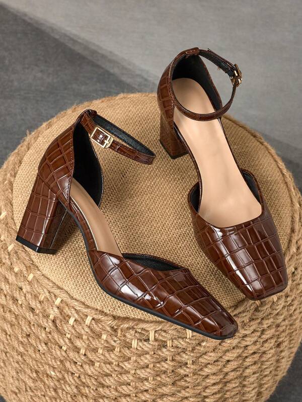 WHDXY 1 Pair Women's Square Toe Basic Solid Buckle Closure High Heel Pumps, Sexy 7CM Chunky Heel Office Lady Dress Shoes