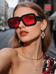 1 chiếc khẩu trang chống nắng hình bầu dục cỡ lớn phong cách đường phố Hip-Hop cá nhân hóa thời trang kính thời trang trở lại trường học - phim đỏ khung đen - Xem 3