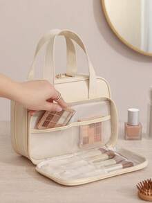 1pc Portable PU Leather Makeup Bag, Large Capacity Professional Cosmetic Organizer Pouch With Zipper, Brush & Pencil Holders, Waterproof Material, Multi-Compartment Design, Easy To Clean, Multifunctional Travel Toiletry Bag, Suitable As Birthday, Mother's Day, Christmas Gift, Beach Bag, Back To School Toiletry Bag - Multicolor - View 7