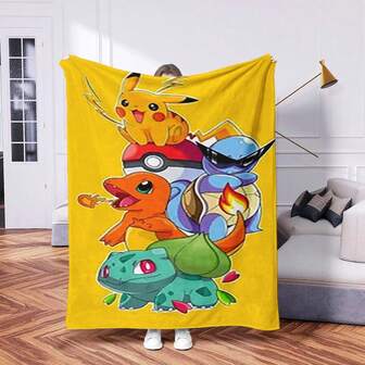 pokemon 1pc Pokemon Pikachu Soft Blanket, Digital Printed Fleece Blanket, Air Conditioning Quilt, Office Nap Blanket, Vintage Casual Cartoon Holiday Blanket - Soft & Warm Polyester, Perfect For Camping, Sofa Or Travel