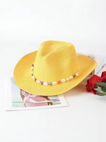 1 件纯色波西米亚休闲草编宝石牛仔帽，海滩度假防晒草帽，男女通用，适合通勤，四季皆宜