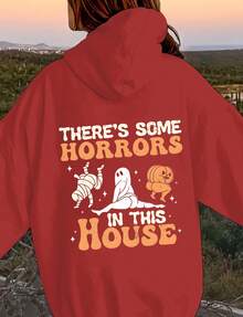 American Retro Street Casual Style Pattern "Beautiful Women's Blouse, Ace, Women's Pattern Shirt, Funny, Christmas Nightmare, Horror, THE'S SOME HORRORS IN THIS HOUSE, Halloween, Bandaged Zombies" One-Sided Printed Loose Women's Hoodie - 紅色 - 查看 1