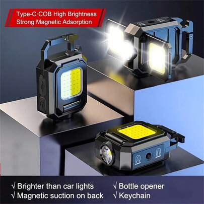 带钥匙扣的可充电迷你手电筒 - 双 COB + 手电筒，磁性底座，USB 供电 - 非常适合户外露营、骑自行车、钓鱼