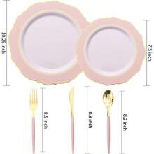 30Guest Pink Plates Disposable Hignend Baroque Design Gold Plastic Silverware With HandleBaroque Pink AndGold Plastic Dinnerware For Wedding Baby Shower - 粉色 - 查看 2