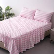 Best Season 4 Piece Bed Sheet Set - Full Size - Soft Microfiber Bedding Sheet Set, Deep Pocket, Stain, Fade & Wrinkle Resistant (Plaid Black & White), Luxury Comfortable - 粉紅色條紋 - 查看 1