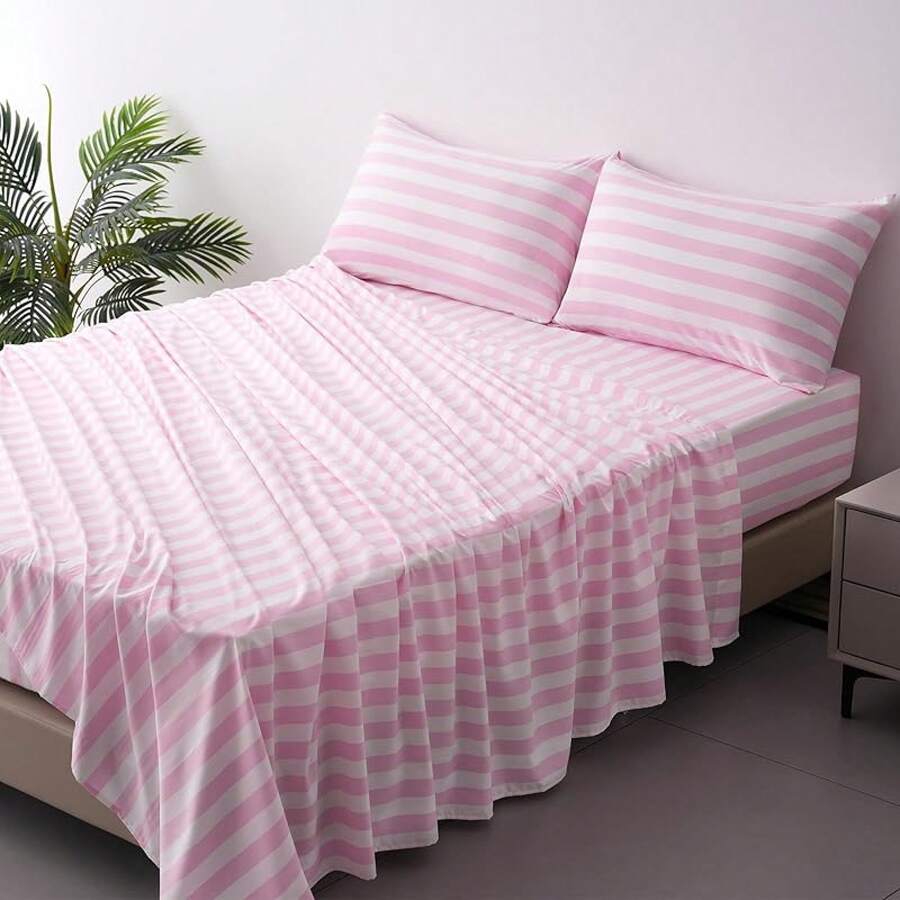 Best Season 4 Piece Bed Sheet Set - Full Size - Soft Microfiber Bedding Sheet Set, Deep Pocket, Stain, Fade & Wrinkle Resistant (Plaid Black & White), Luxury Comfortable - 粉紅色條紋 - 查看 1