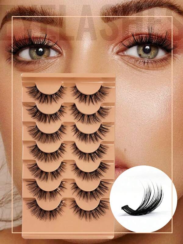 56pcs Cluster Lashes Natural Look D Curl False Eyelashes Fluffy Wispy Individual Lash Extensions Strips Volume Eyelashes 7 Pairs