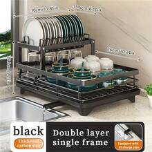 1pc Carbon Steel Kitchen Storage Rack - Bowl And Dish Rack With Drain Board, Cutlery Rack, And Chopping Board Rack, Suitable For Tabletop Storage