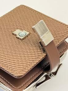 Carteira curta feminina de palha trançada, fecho de pressão em PU macio, porta-moedas multifuncional, porta-cartões, minimalista, leve, compacta e portátil, adequada para presentes de Natal para mulheres, carteira, carteira, carteira fofa - Castanho - Ver 3