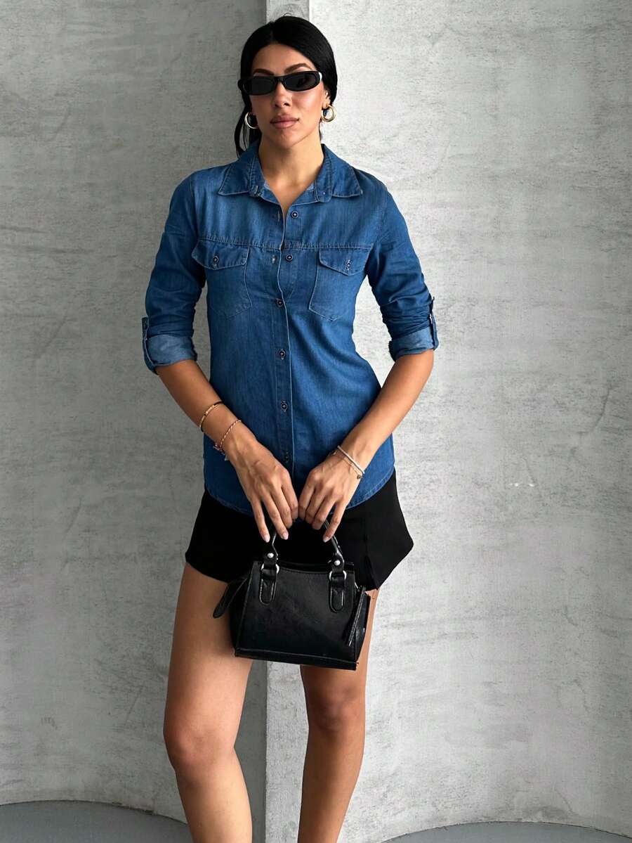 Women's Casual Denim Shirt, Solid Color, Front Button Pocket, Suitable For Daily Wear, Summer/Spring/Autumn/Winter - Blue - View 1