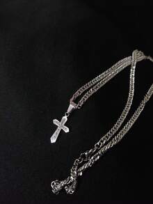 DOUBLE GROUMET CHAIN SET AND WHITE GOLD PLATED CROSS PENDANT - Bạc - Xem 2