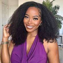 3 In 1 Half Wig | Afro Curly Flexible Fit Half Wig With Drawstring Natural Hairline Beginner Friendly Kinky Curly Glueless Wigs With Drawstring Seamless Put On Go Glueless Wig - Natural Black - 查看 1