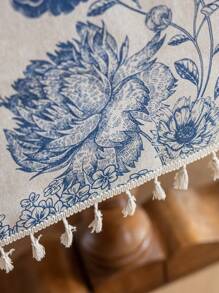 1 件蓝色花卉流苏桌布，复古风格，带流苏，涤纶纤维材质，可水洗，适用于床头柜、餐桌、咖啡桌、沙发套、农舍家居、家庭用餐、厨房、晚餐、派对、感恩节、秋季装饰、四季装饰 - 藍色 - 查看 21