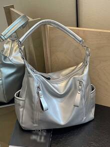 Merlard Retro 2025 磨砂质感大容量时尚百搭单肩包，高端沙滩包，托特包，购物袋，大包，小众质感手提包，拉链双肩带斜挎包 - 銀色 - 查看 3