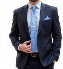 Silk Floral Necktie Set With Tie Clip, Handkerchief & Cufflinks - Solid Blue Floral - View 4