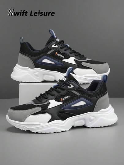Men's Breathable Black & Gray Color Block Mesh Splice Design Casual & Sport Shoes, Comfortable All Season Running Sneakers, Fashionable Outdoor Versatile Athletic Footwear