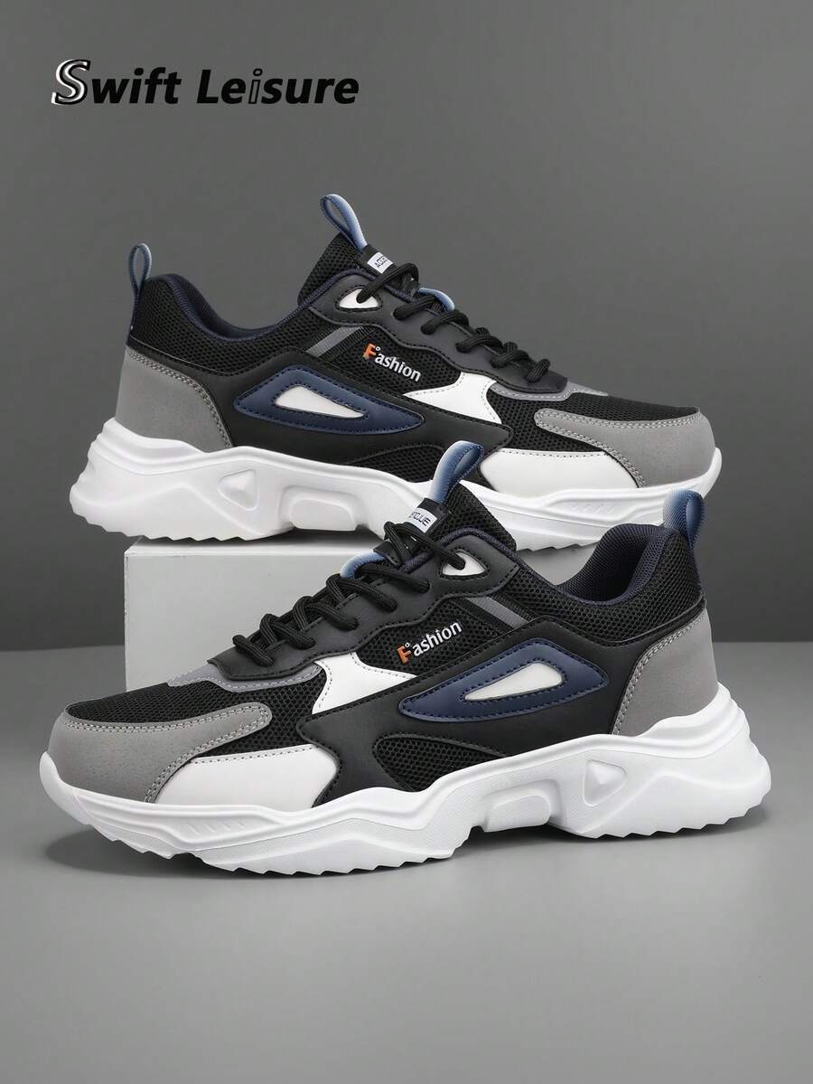 Men's Breathable Black & Gray Color Block Mesh Splice Design Casual & Sport Shoes, Comfortable All Season Running Sneakers, Fashionable Outdoor Versatile Athletic Footwear