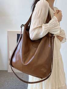 新款 PU 皮革女包软皮大容量单肩斜挎包复古休闲手提包时尚大容量女士手提包，多功能单肩斜挎包，配有可拆卸肩带，非常适合旅行、海滩度假和日常使用 - 棕色 - 查看 1