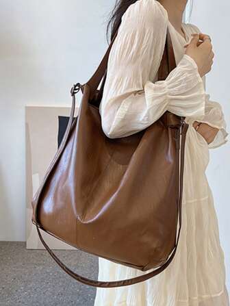 New PU Leather Women's Bag Soft Leather Large Capacity Single Shoulder Crossbody Bag Retro Casual Tote Bag Stylish Large Capacity Tote Bag For Women, Multi-Functional Shoulder Crossbody Bag With Detachable Strap, Perfect For Travel, Beach Vacation & Daily Use