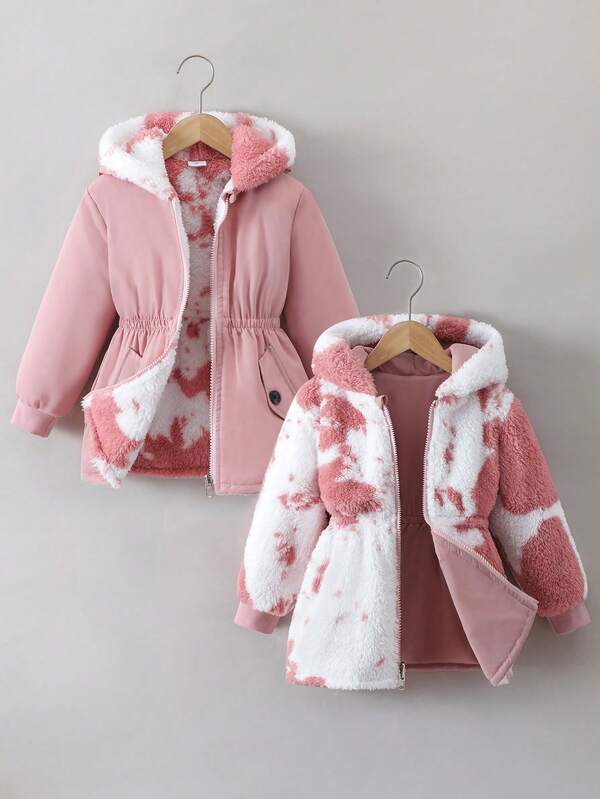 Girls' Warm Plush Reversible Hooded Zip-Up Cardigan, Thick And Comfortable For Autumn/Winter