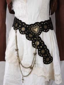 1 件女士复古西部金属拼布心形腰带，Y2K 复古独立美学皮革腰带，带蝴蝶链装饰 - 黑色 - 查看 22