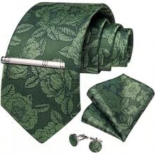 Silk Floral Necktie Set With Tie Clip, Handkerchief & Cufflinks - Olive Green - View 3