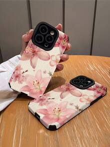 粉色新款花卉图案软硅胶手机壳,1个装,兼容苹果15/15PLUS/15PRO/15PROMAX,防水防震防摔防刮花 - 彩色 - 查看 3