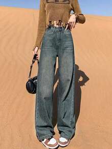 复古蓝色宽松高腰直筒牛仔裤，适合春秋季女士