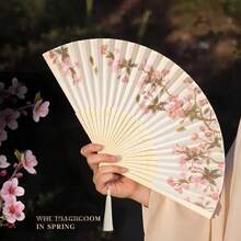 1 件便携式折扇，花卉图案，流苏装饰，中式丝绸扇，女士手持折扇 - 彩色 - 查看 7