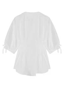 2025年春季新款蓝色短袖衬衫，独特可爱的束腰上衣 - 白色 - 查看 6