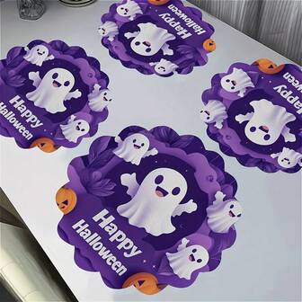 4pcs Halloween Purple Ghost Print Anti-Slip Washable Heat-Resistant Placemats, Suitable For Party, Kitchen, Restaurant, Dining Room, Home Decor