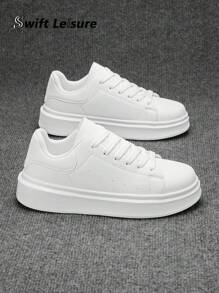 Men's Minimalist Fashion Solid Color Leather Front Lace-Up Casual Sneakers, Neutral Student Commute Daily Outdoor Sports Skateboard Shoes