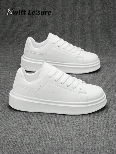 Men's Minimalist Fashion Solid Color Leather Front Lace-Up Casual Sneakers, Neutral Student Commute Daily Outdoor Sports Skateboard Shoes