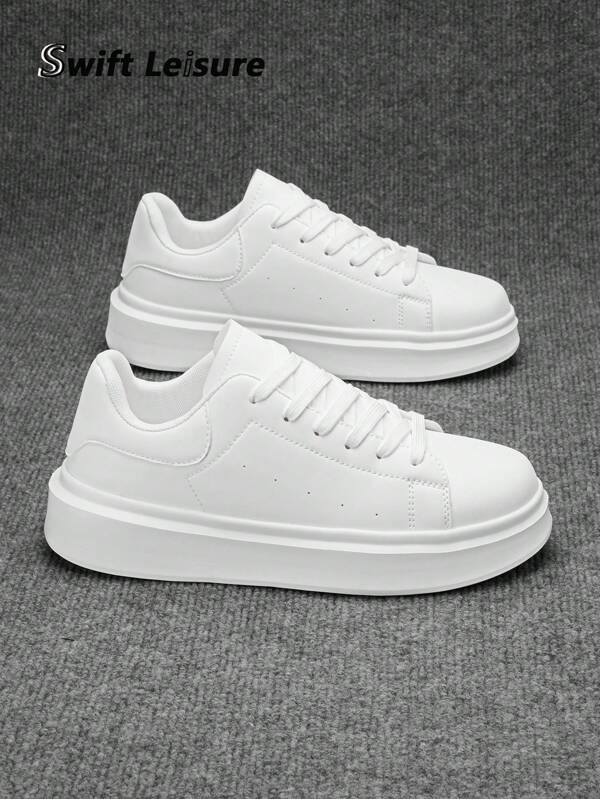 Men's Minimalist Fashion Solid Color Leather Front Lace-Up Casual Sneakers, Neutral Student Commute Daily Outdoor Sports Skateboard Shoes